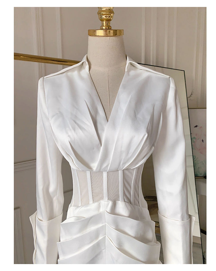 alyssa Deep V See-Through Fishbone Pleated Hip blazer mini dress in white Avalabel