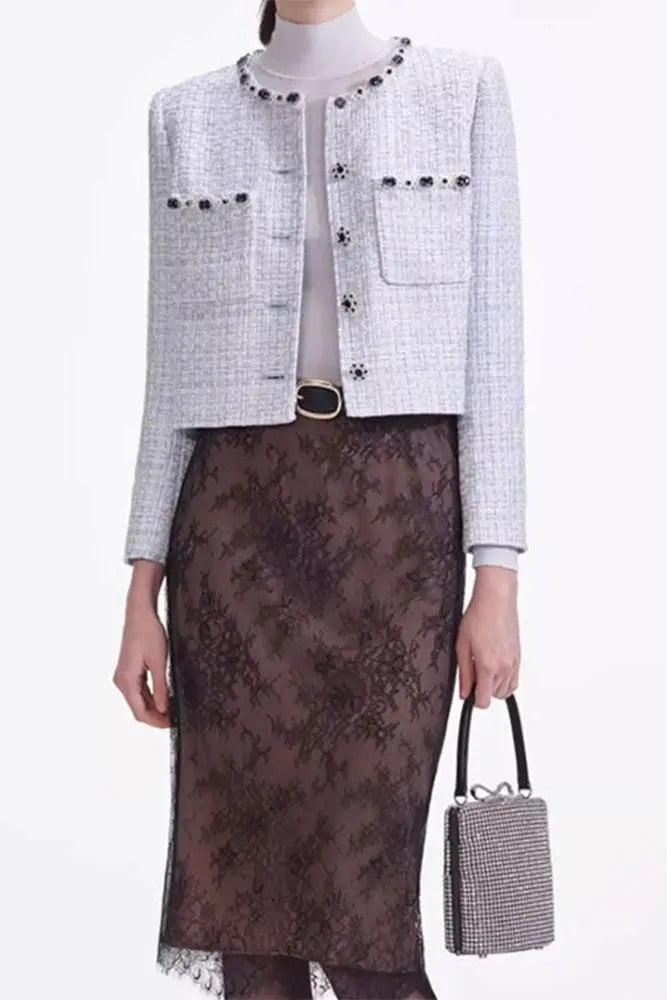 zenobia pale blue beaded Embellished Tweed Jacket Avalabel