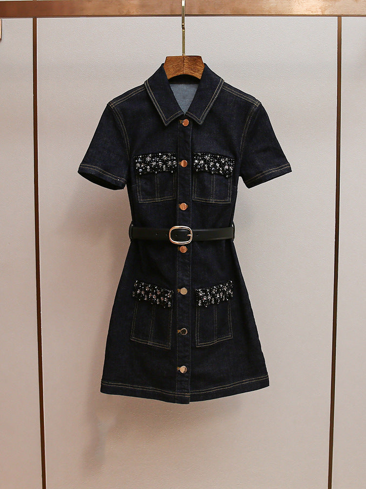 miriam Denim Crystal Trim Mini Dress in black Avalabel
