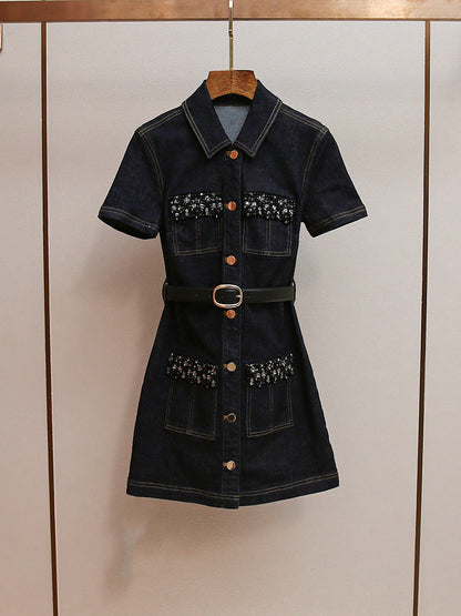miriam Denim Crystal Trim Mini Dress in black
