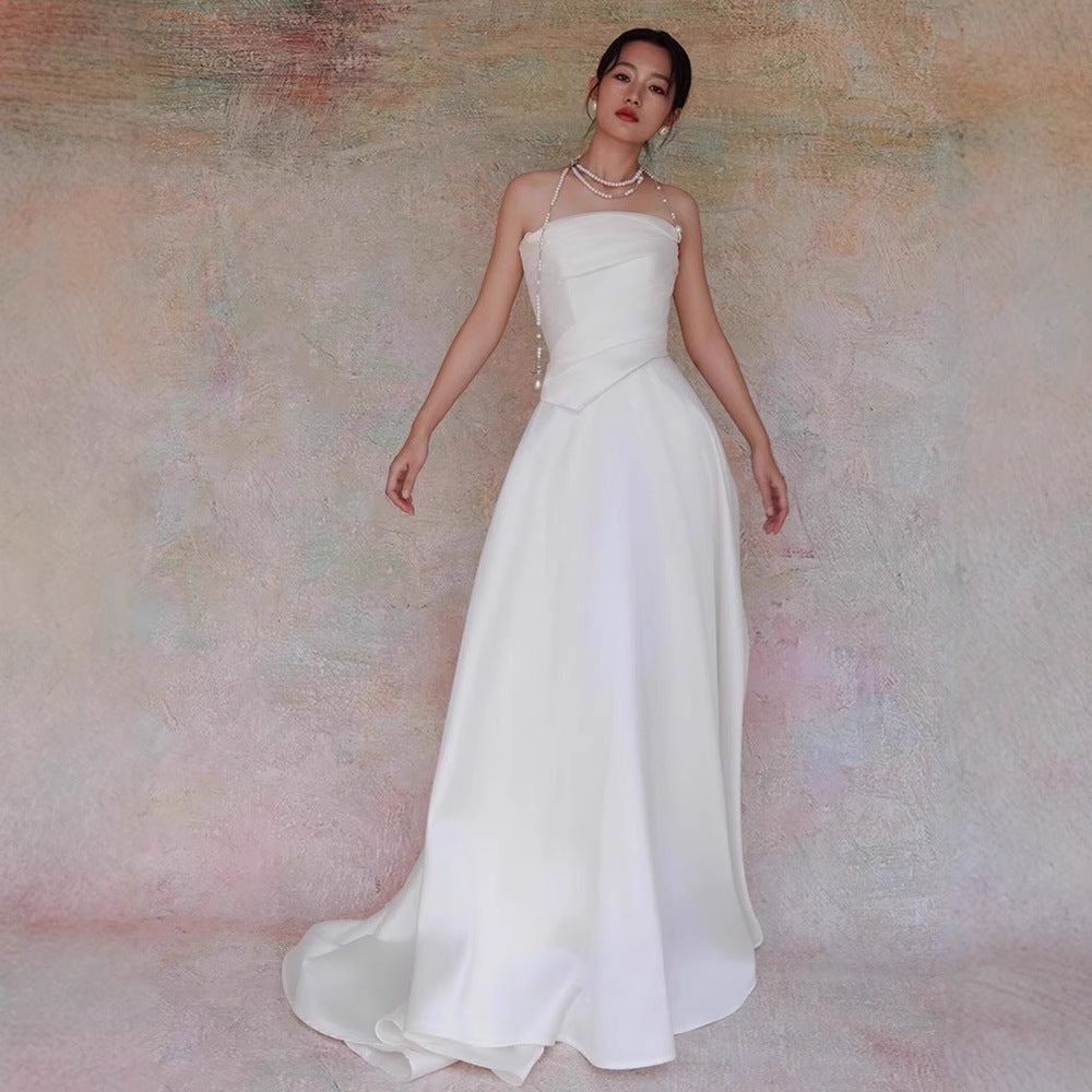 Lydia White French Satin Strapless Maxi Train Welcome Gown Avalabel