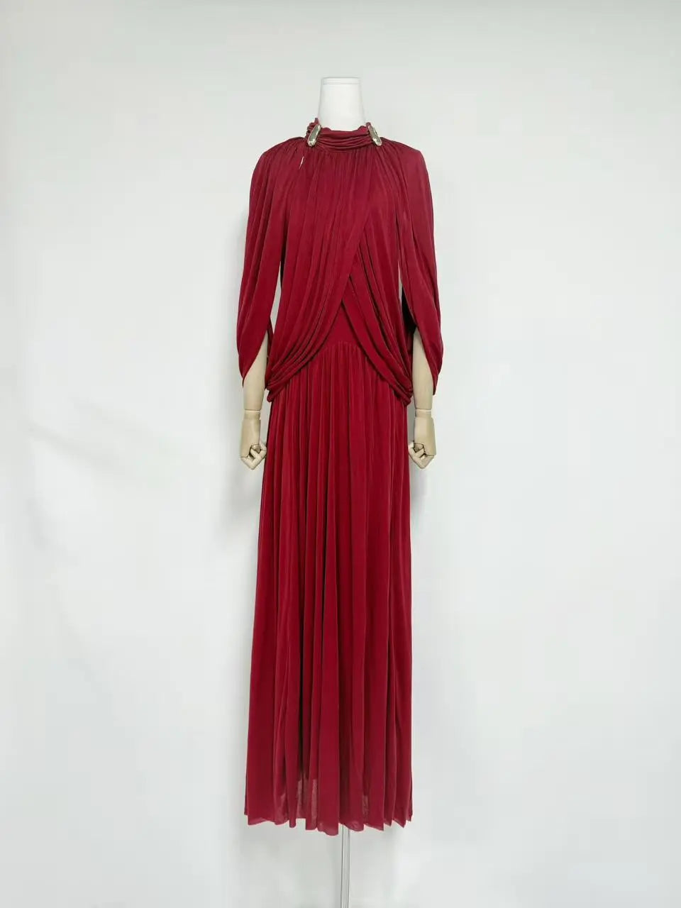 leona red Draped Cape Sleeve Knit Maxi Dress Avalabel