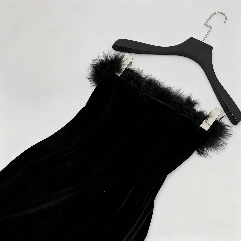 samantha feather velvet strapless mini dress in black Avalabel