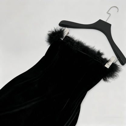 samantha feather velvet strapless mini dress in black