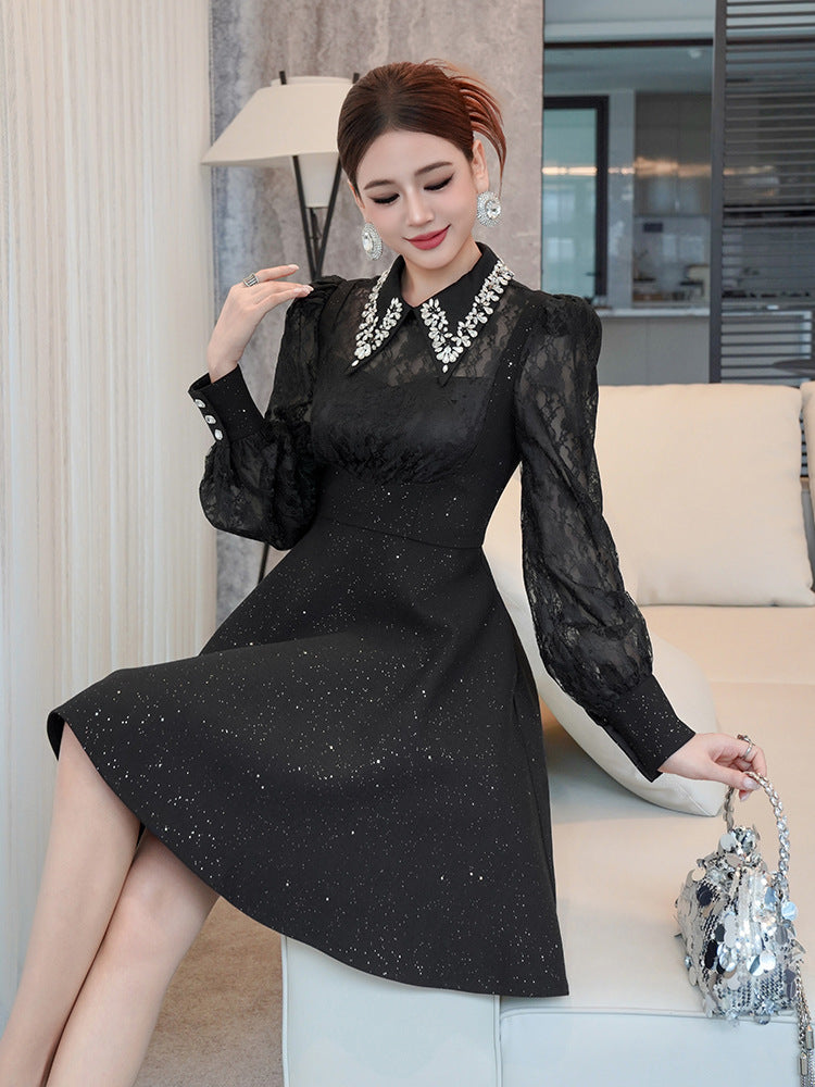 Lynn Black Rhinestone Collar Neck Lace Hollow Sleeve Mini Dress