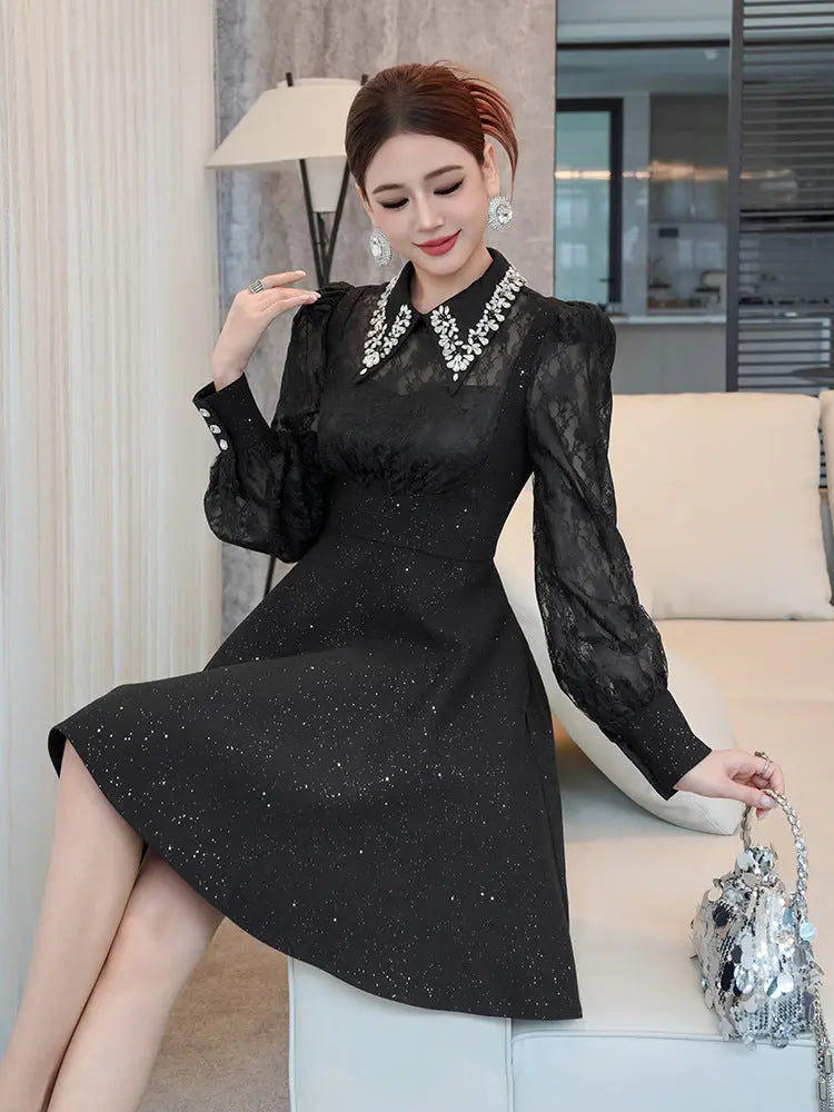 Lynn Black Rhinestone Collar Neck Lace Hollow Sleeve Mini Dress Avalabel