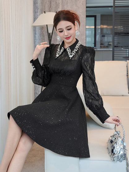 Lynn Black Rhinestone Collar Neck Lace Hollow Sleeve Mini Dress