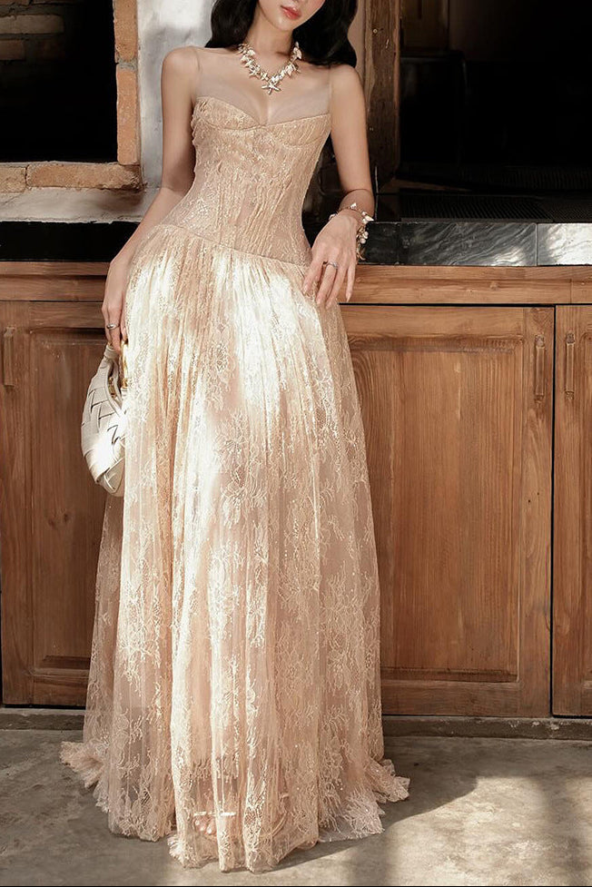 Rose Asymmetrical Waist Spaghetti Strap Maxi Dress - Khaki Avalabel