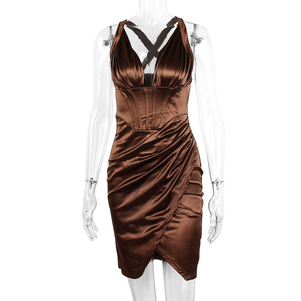 SATIN CORSET MINI DRESS IN CHOCOLATE Avalabel