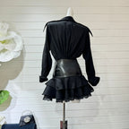 mandy Collar Ruched Ruffle Mini Dress in black Avalabel