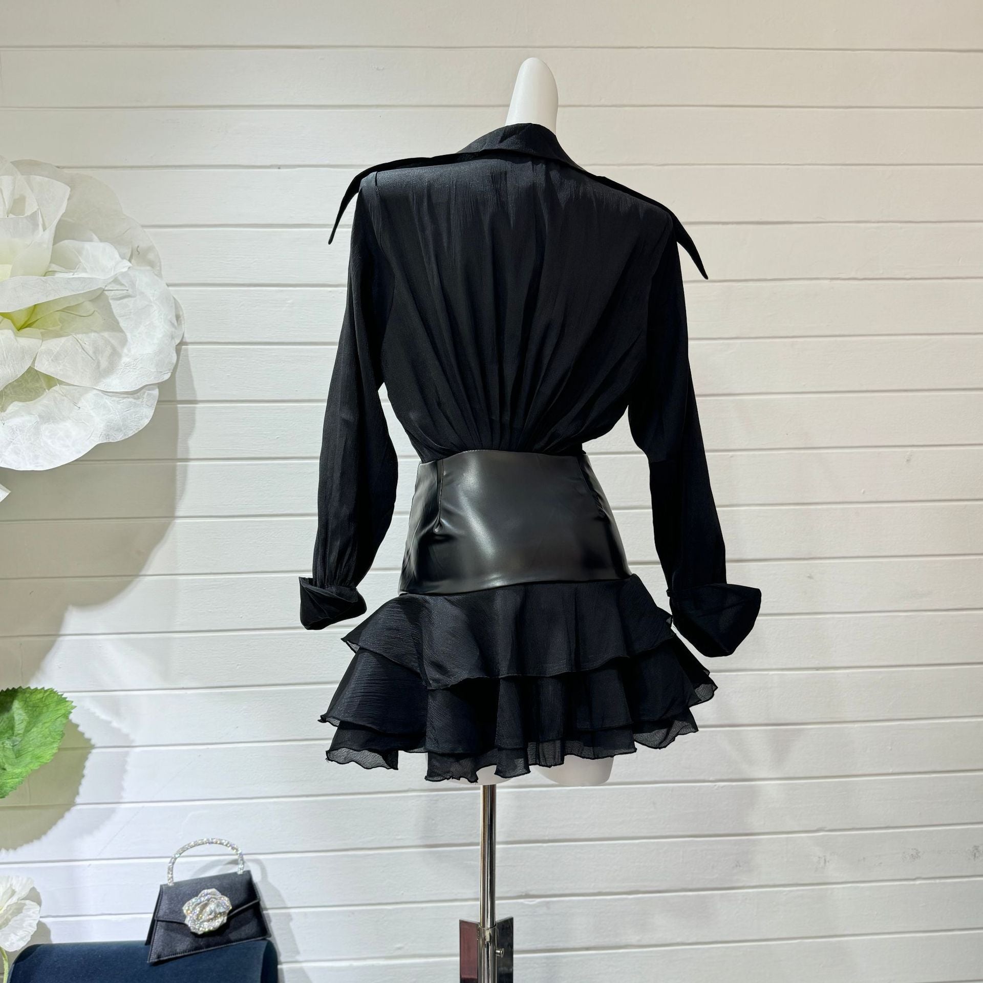 mandy Collar Ruched Ruffle Mini Dress in black Avalabel