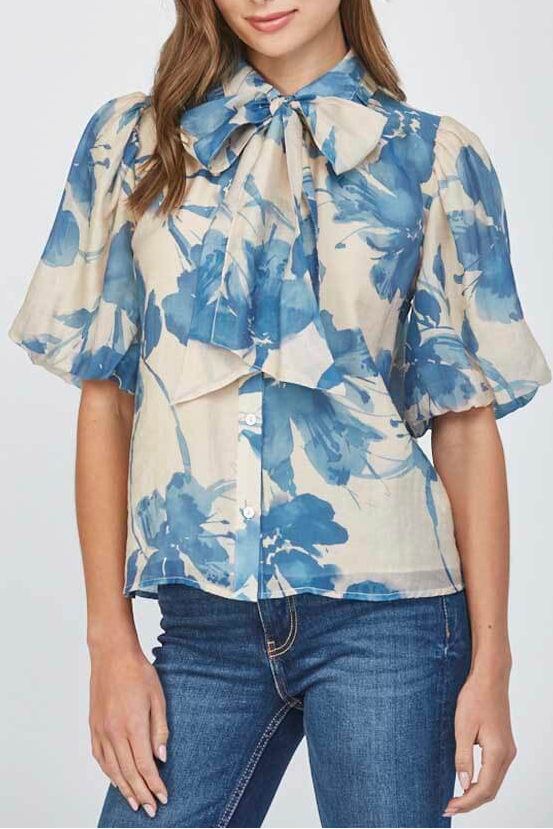 Beige & Blue Watercolor Floral Bow Neck Puff Sleeve Blouse Avalabel