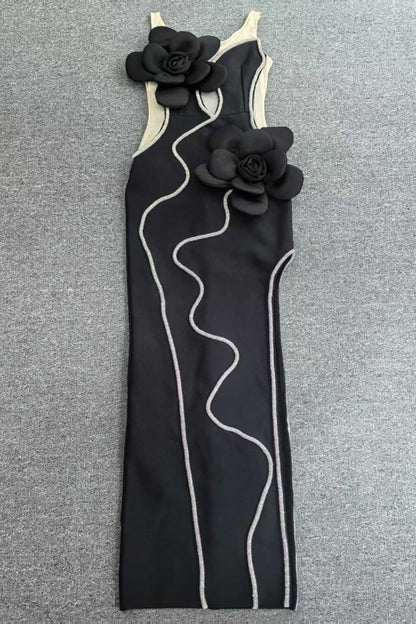 Diamond 3D Flower Sequin Bandage Maxi Dress in Black
