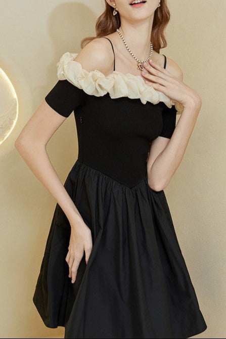 Off-Shoulder Ruffle Trim Suspender Mini Dress in Black Avalabel