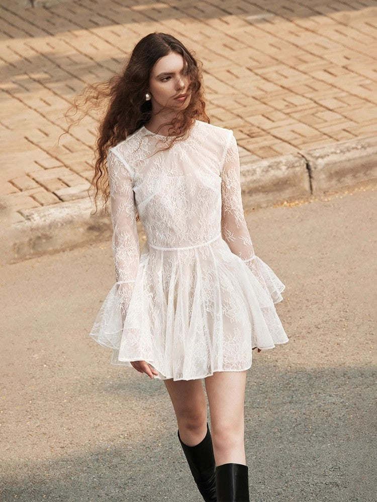 Bblythe Tulle Lace Backless Mini Dress in White Avalabel