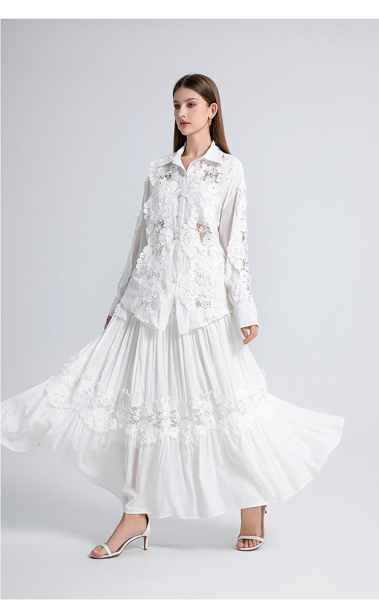 Alexandra Splicing Flapped Lace Hollow Midi Dress in White Avalabel