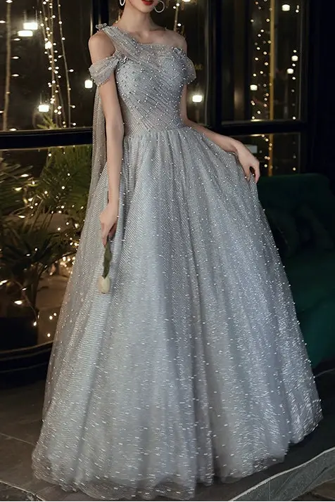 Dusty Blue one-shoulder pearl maxi evening dress Avalabel