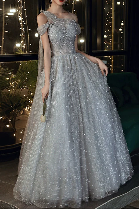 Dusty Blue one-shoulder pearl maxi evening dress