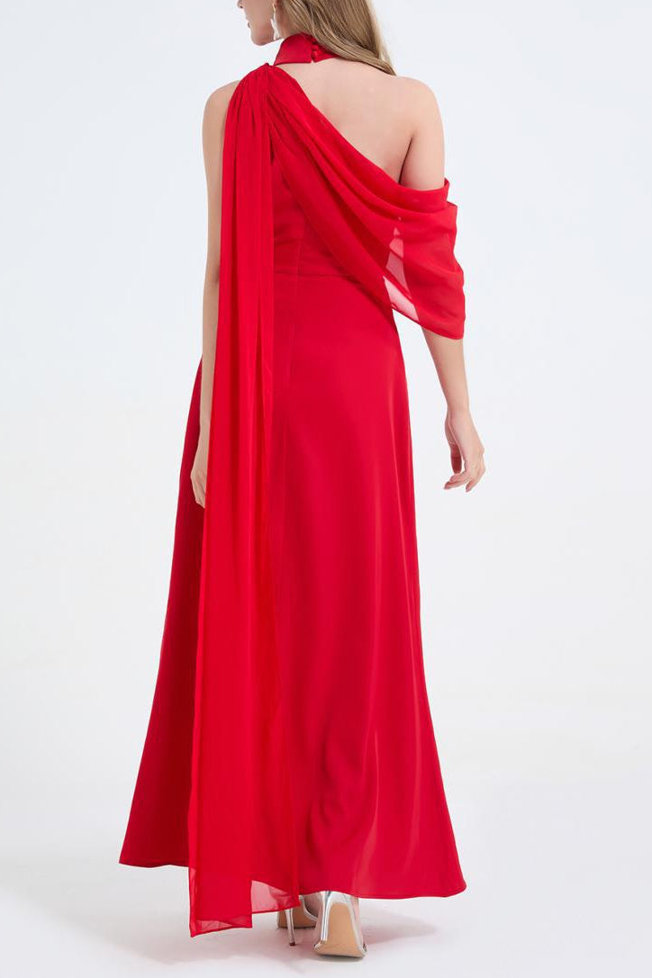 Tammy Tailored One-Shoulder Detachable Collar Maxi Dress in Red Avalabel