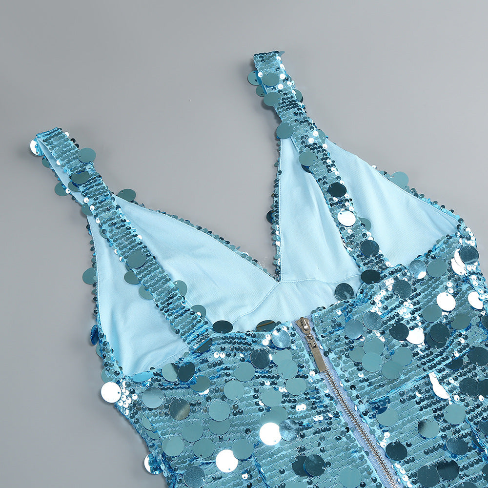 Carlin Sequin Deep V Strapless Maxi Dress in Blue Avalabel
