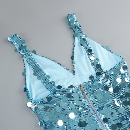 Carlin Sequin Deep V Strapless Maxi Dress in Blue