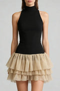 cynthia black ruched trim sleeveless puffy mini dress Avalabel