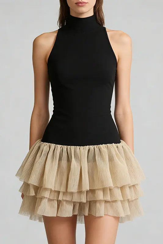 cynthia black ruched trim sleeveless puffy mini dress Avalabel