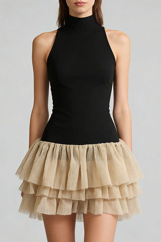 cynthia black ruched trim sleeveless puffy mini dress