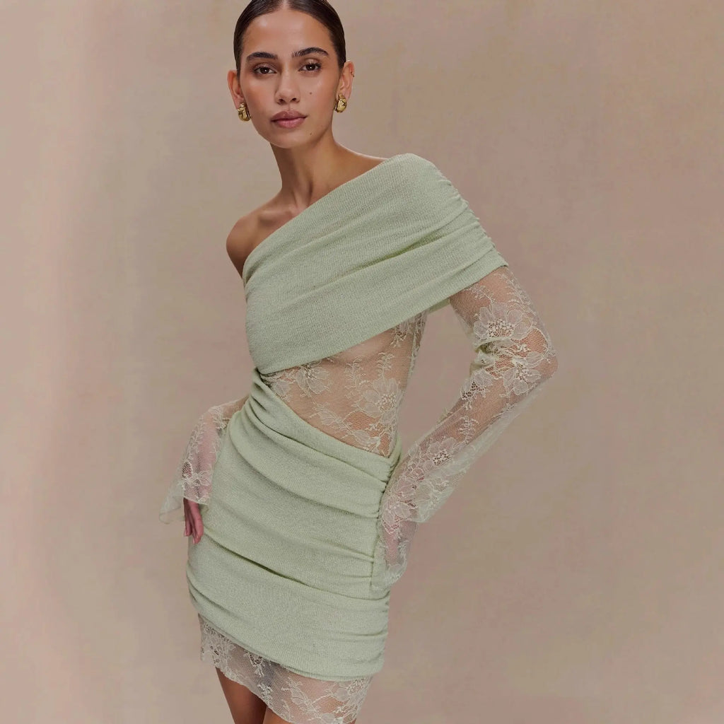 Matcha lace strapless spliced knitted mini dress Avalabel