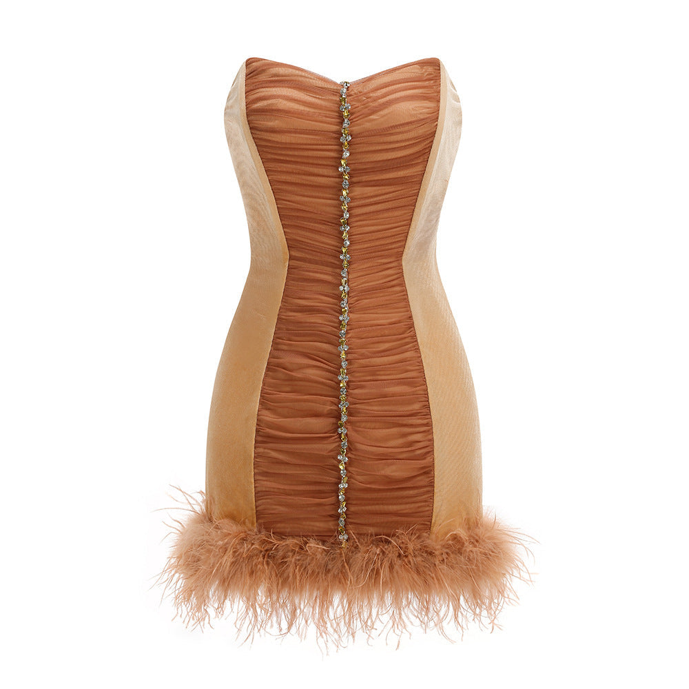 Anna Rhinestone Embellished Feather Strapless Mini Dress in Pale Brown Avalabel
