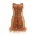 Anna Rhinestone Embellished Feather Strapless Mini Dress in Pale Brown Avalabel