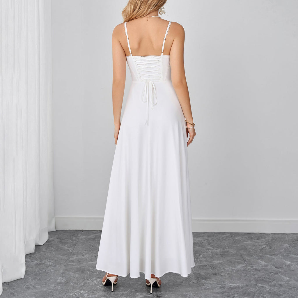 Lace Trim Corset Spaghetti Strap Flowy Maxi Dress poava
