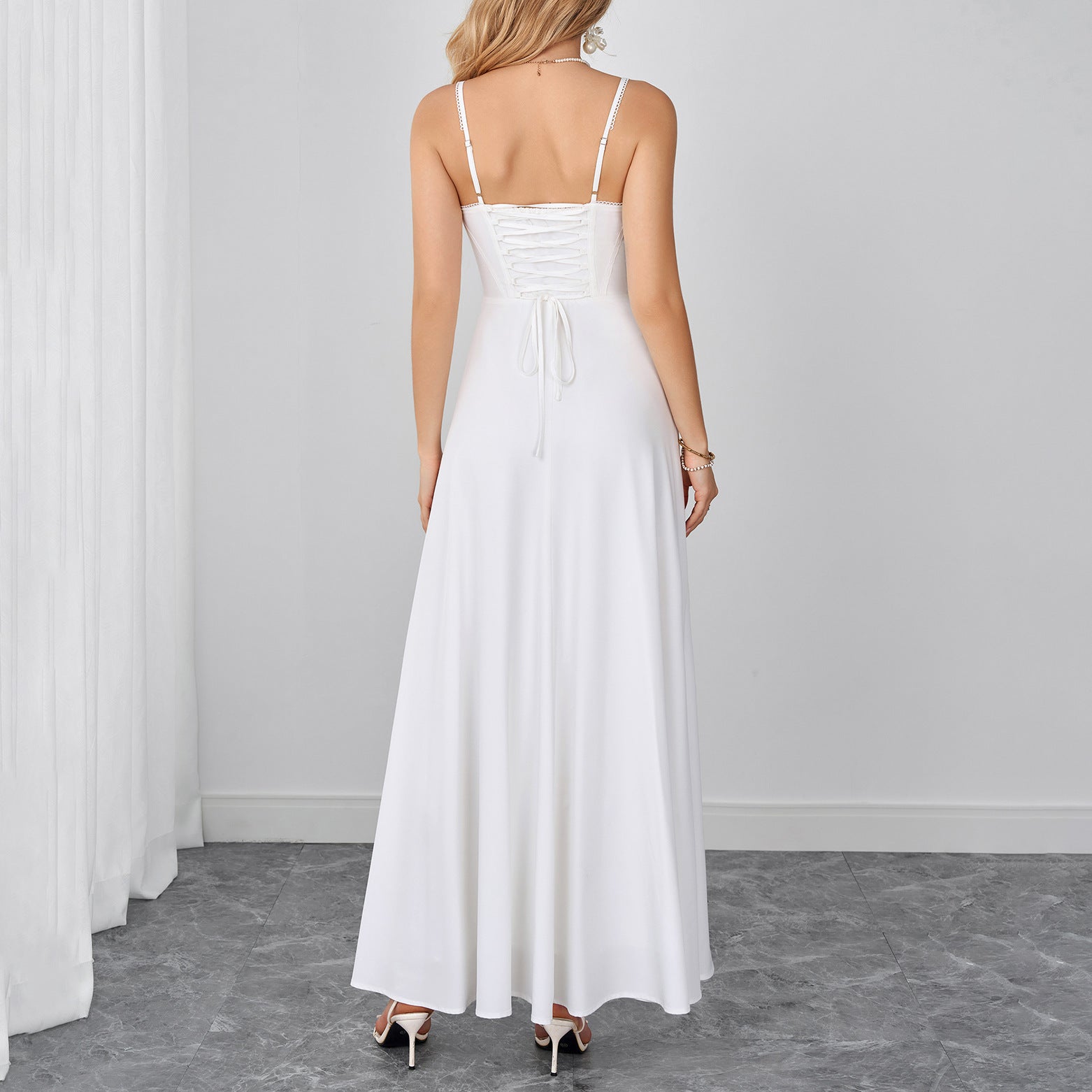 Lace Trim Corset Spaghetti Strap Flowy Maxi Dress poava