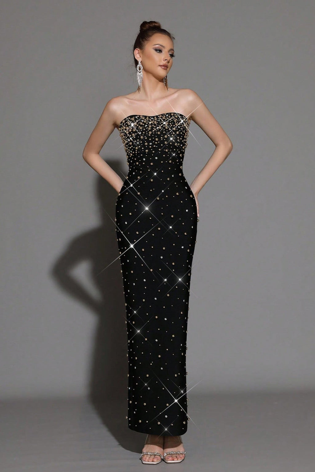 Pearl Rhinestone Beaded Strapless Black Maxi Dress Avalabel