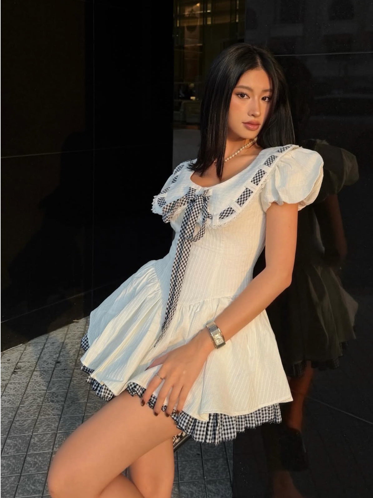 Alisa Floral Printed Lace Trim Mini Dress in White Avalabel