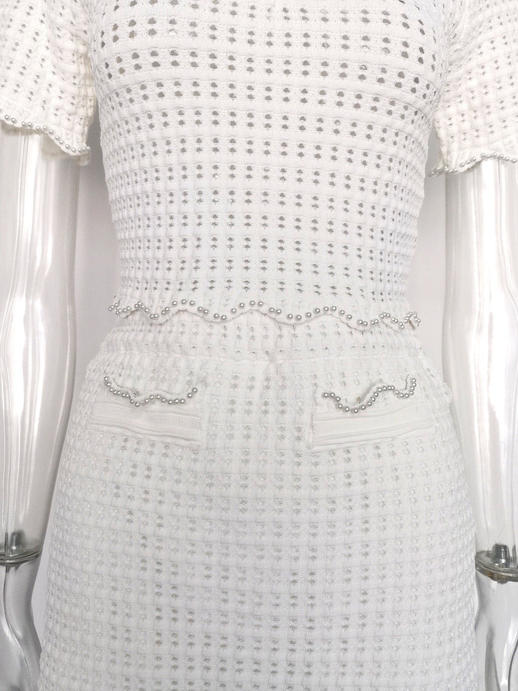 Angela Ruffle Trim Pearl Beaded Knit Sweater Avalabel