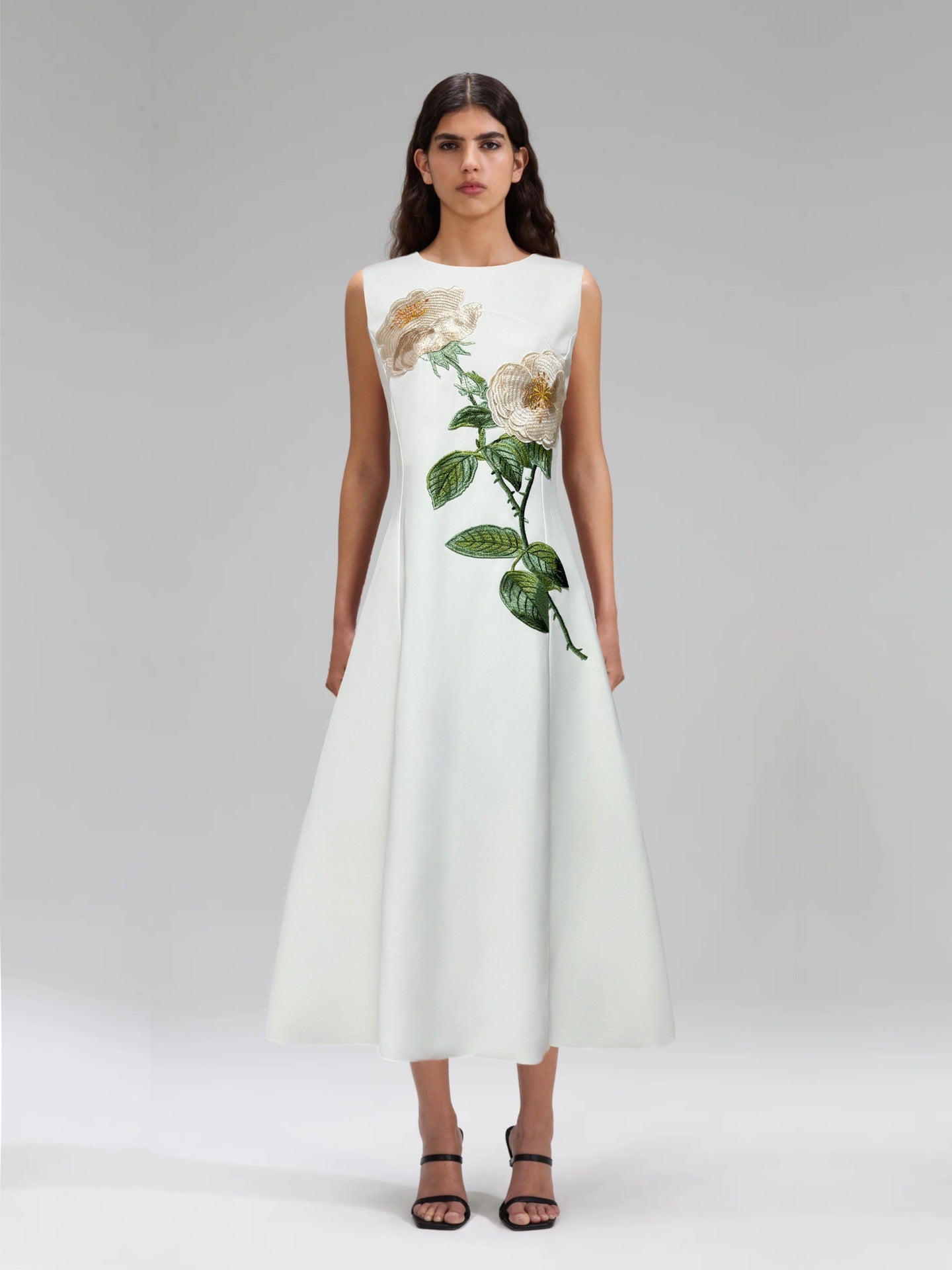 Kate Floral Print Embellished Sleeveless Midi Dress in Black Avalabel