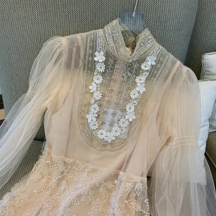 Jennifer Floral Bead Embroidery Tulle Mini Dress in Apricot Avalabel