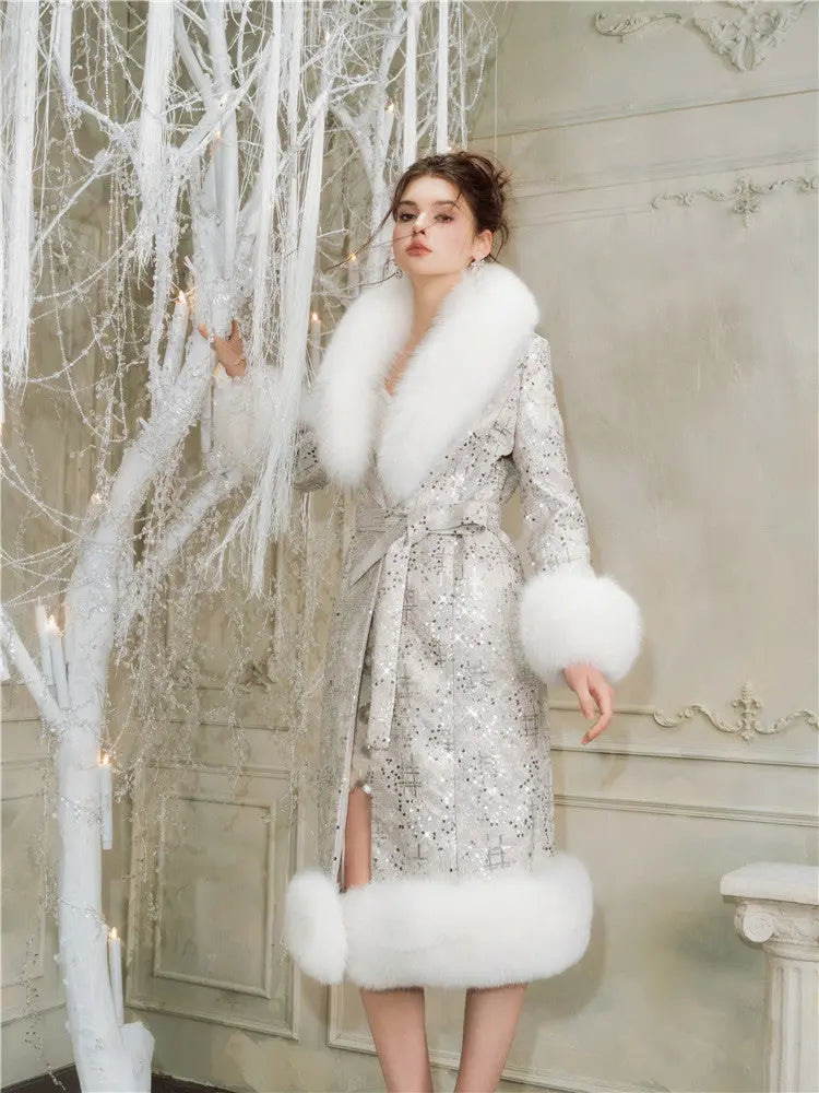 Sliver Tie Long Sleeve Long Fur Autumn Coat Avalabel