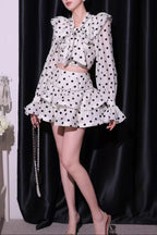 Black-white polka dot ruffled long-sleeved top with puffy skirt Avalabel