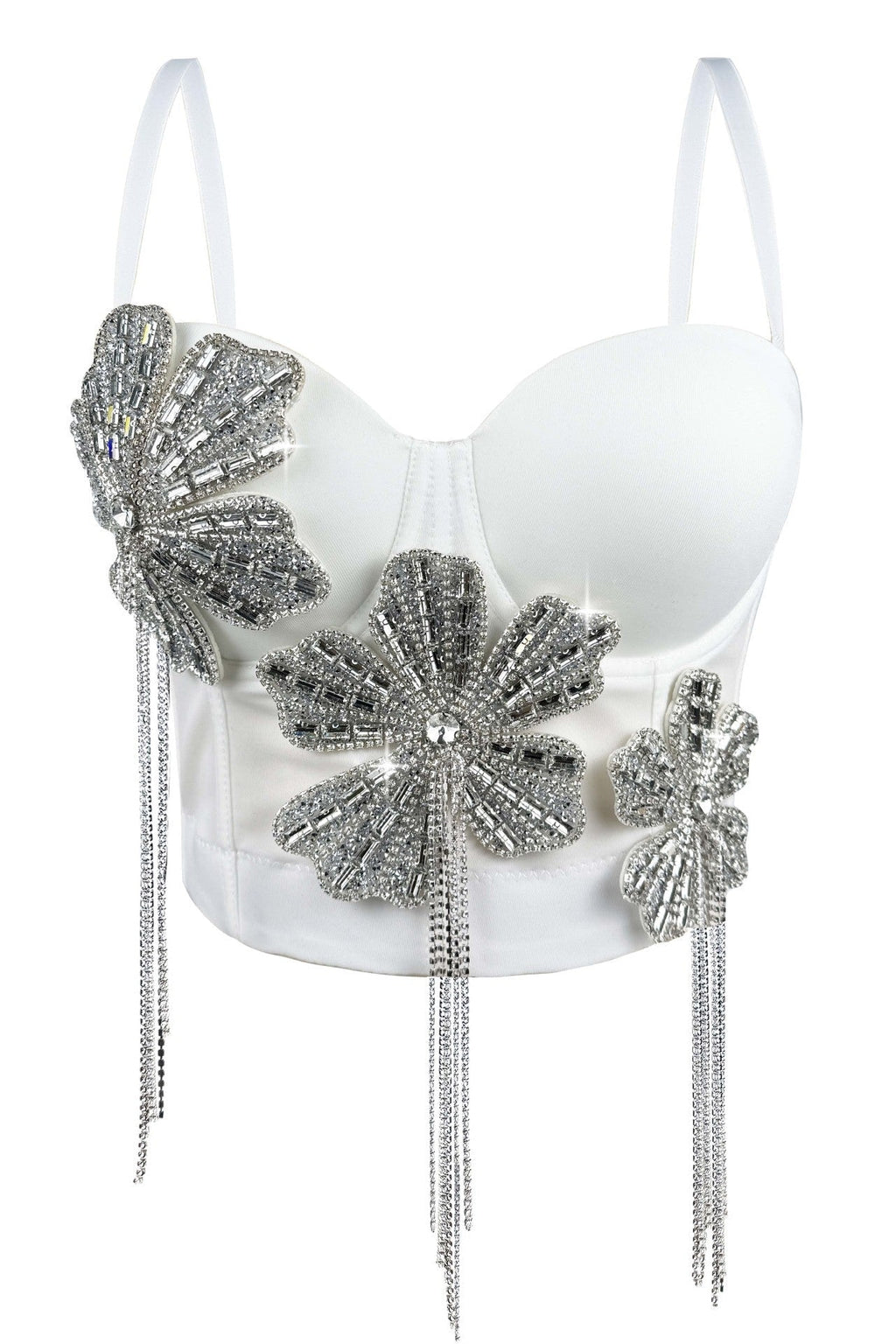 Spaghetti Strap 3D Rhinestone Flower Tassel Fringe Corset Bustier Top sis label