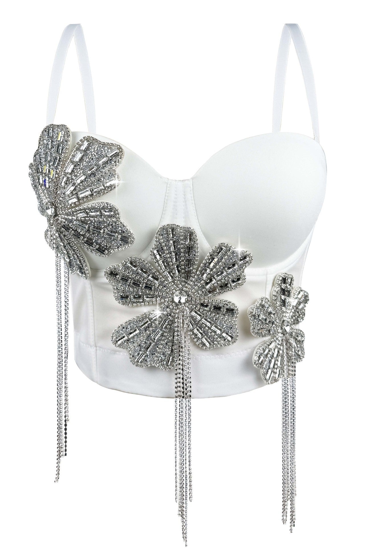 Spaghetti Strap 3D Rhinestone Flower Tassel Fringe Corset Bustier Top sis label
