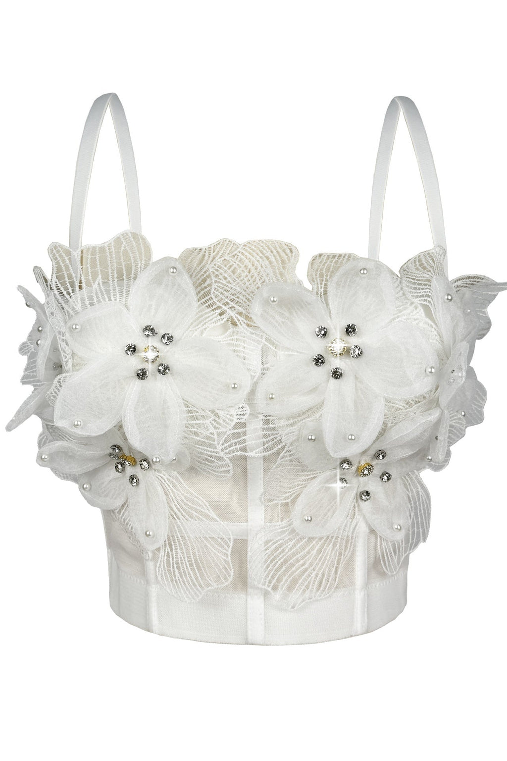 Spaghetti Strap Sheer Mesh 3D Tulle Flower Rhinestone Pearl Corset Bustier Top sis label