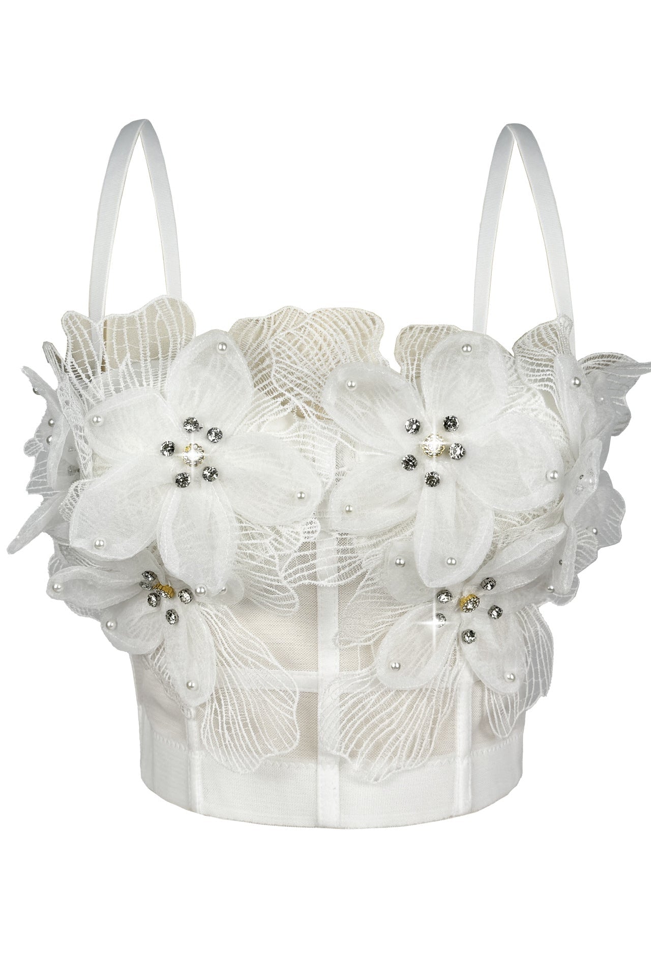 Spaghetti Strap Sheer Mesh 3D Tulle Flower Rhinestone Pearl Corset Bustier Top sis label
