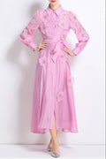 Sally Lapel Embroidered Appliqué Midi Dress in Pink Soraya