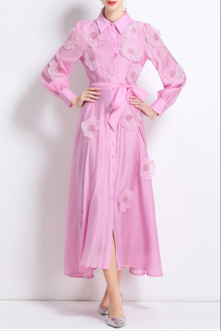 Sally Lapel Embroidered Appliqué Midi Dress in Pink Soraya