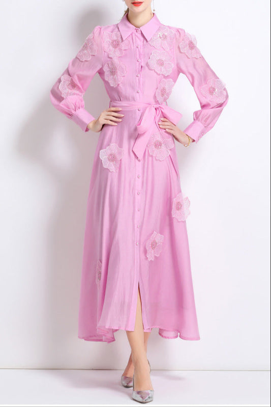 Sally Lapel Embroidered Appliqué Midi Dress in Pink
