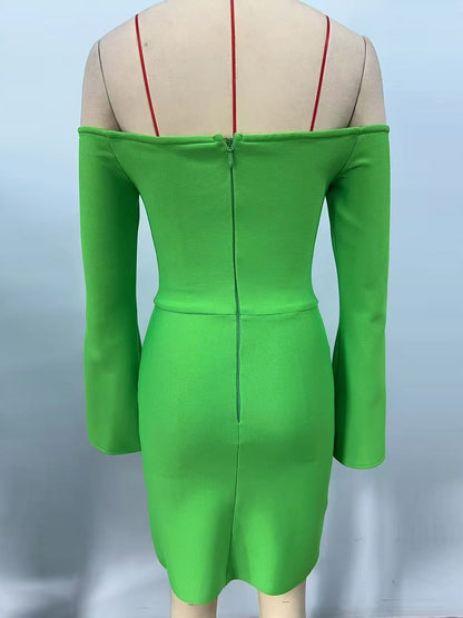 Cara Off-Shoulder Long-Sleeve Diamond Bodycon Mini Dress in Green Avalabel