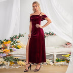 Slit Velvet Off-Shoulder Spaghetti Strap Dress Avalabel