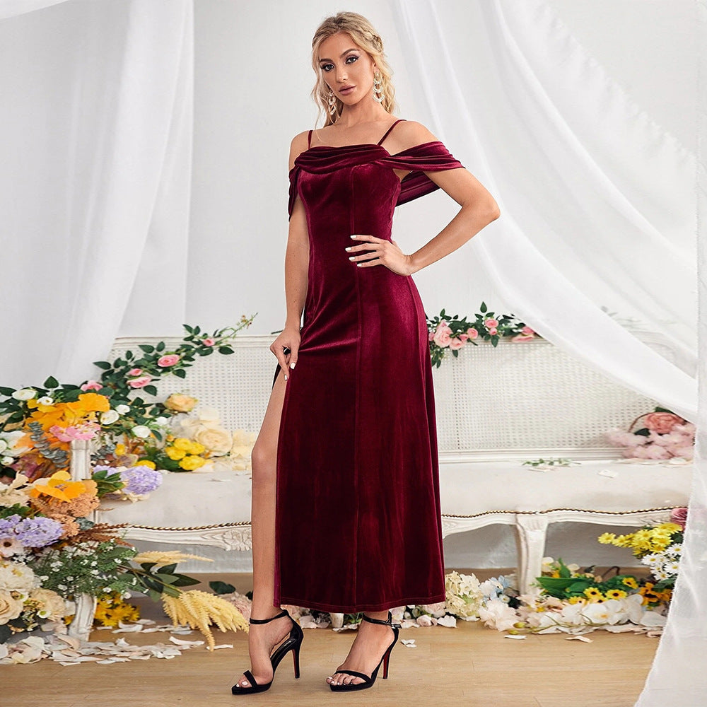 Slit Velvet Off-Shoulder Spaghetti Strap Dress Avalabel